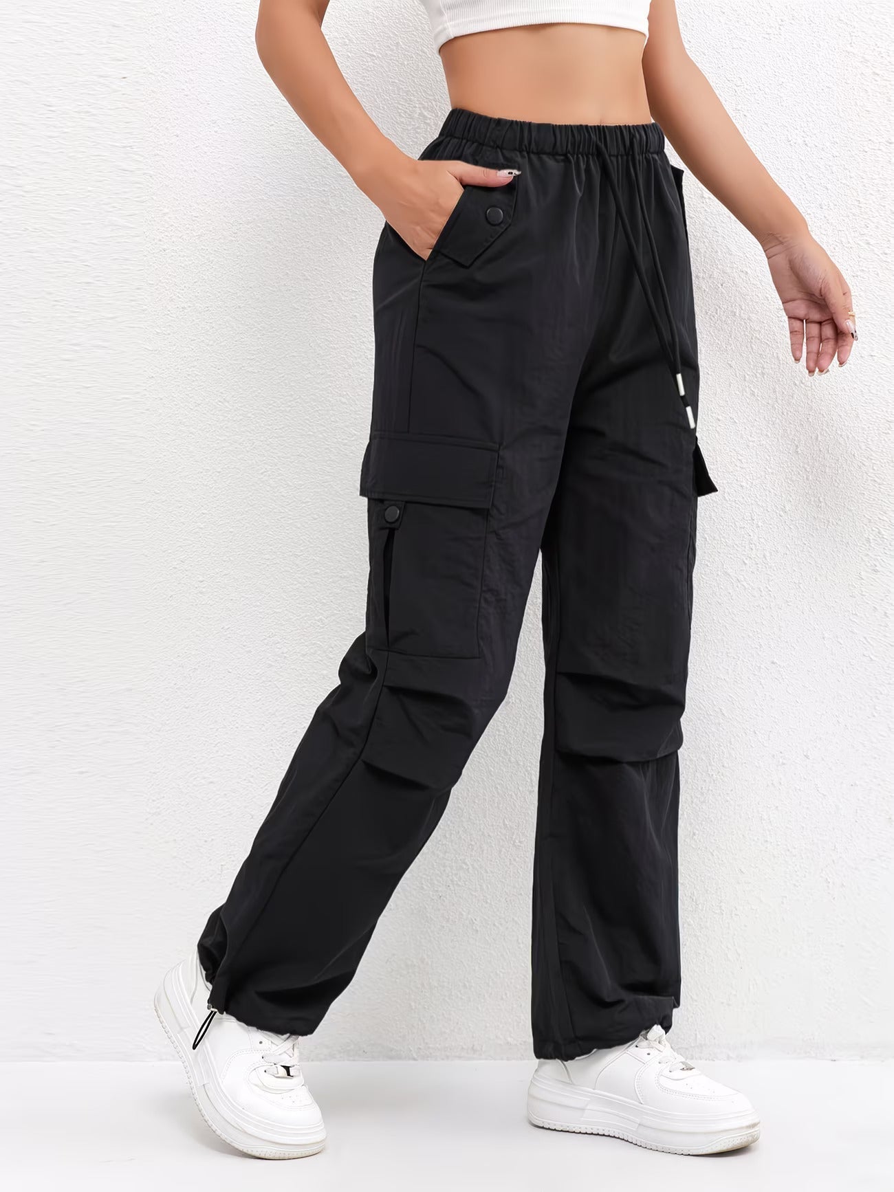 Elasticated Waist Drawstring Flap Pocket Parachute Cargo Pant
