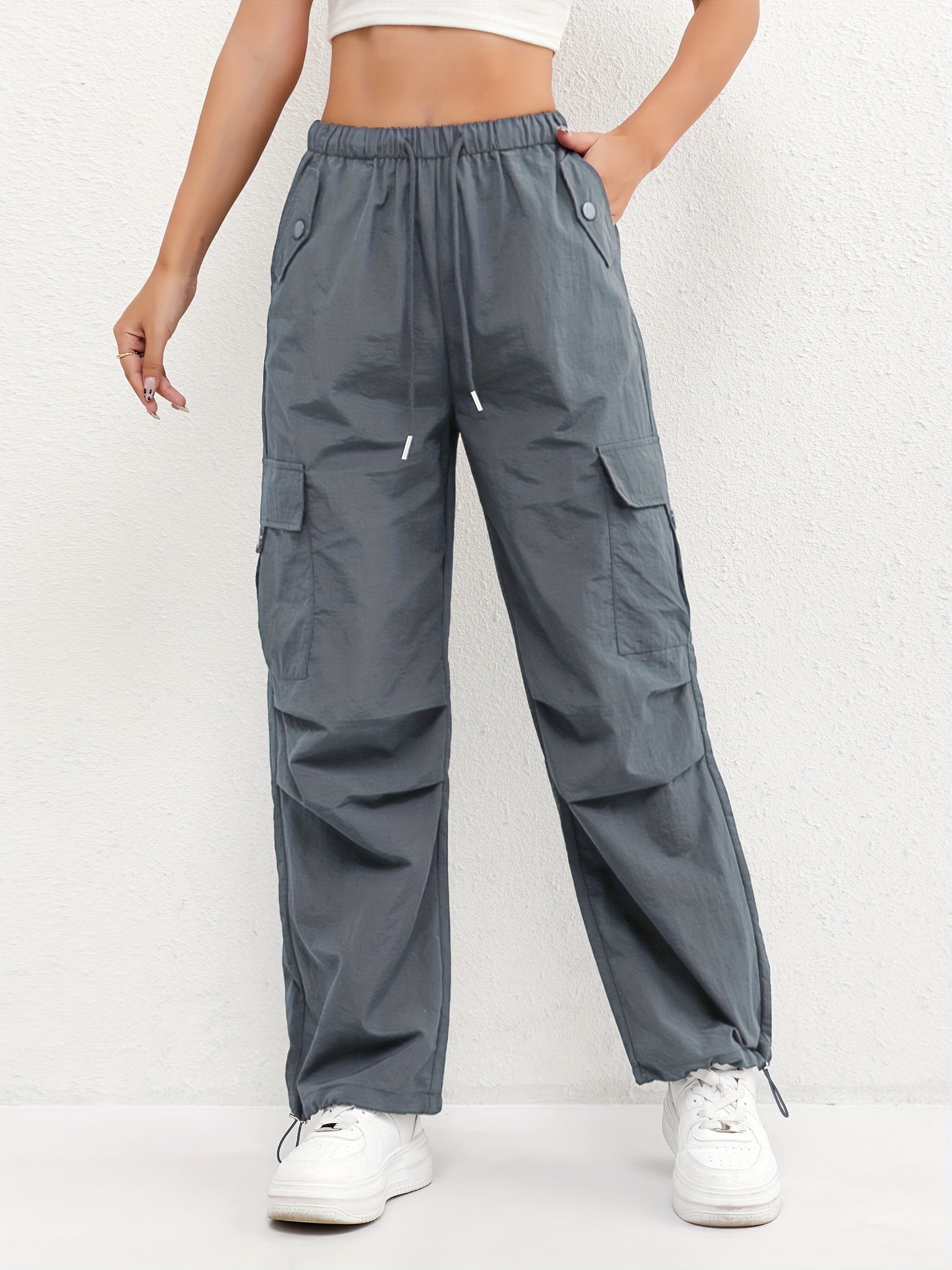 Elasticated Waist Drawstring Flap Pocket Parachute Cargo Pant