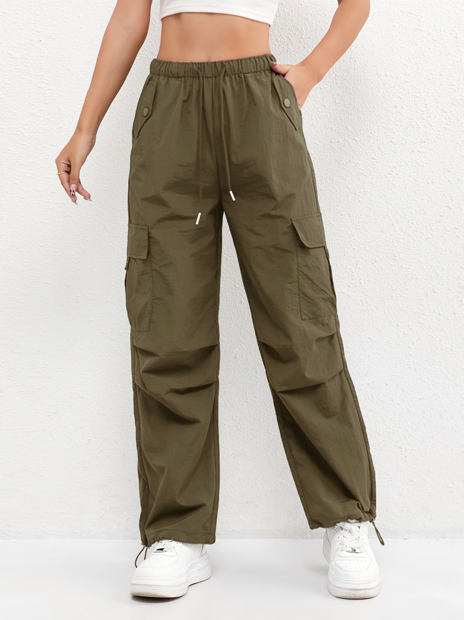 Elasticated Waist Drawstring Flap Pocket Parachute Cargo Pant