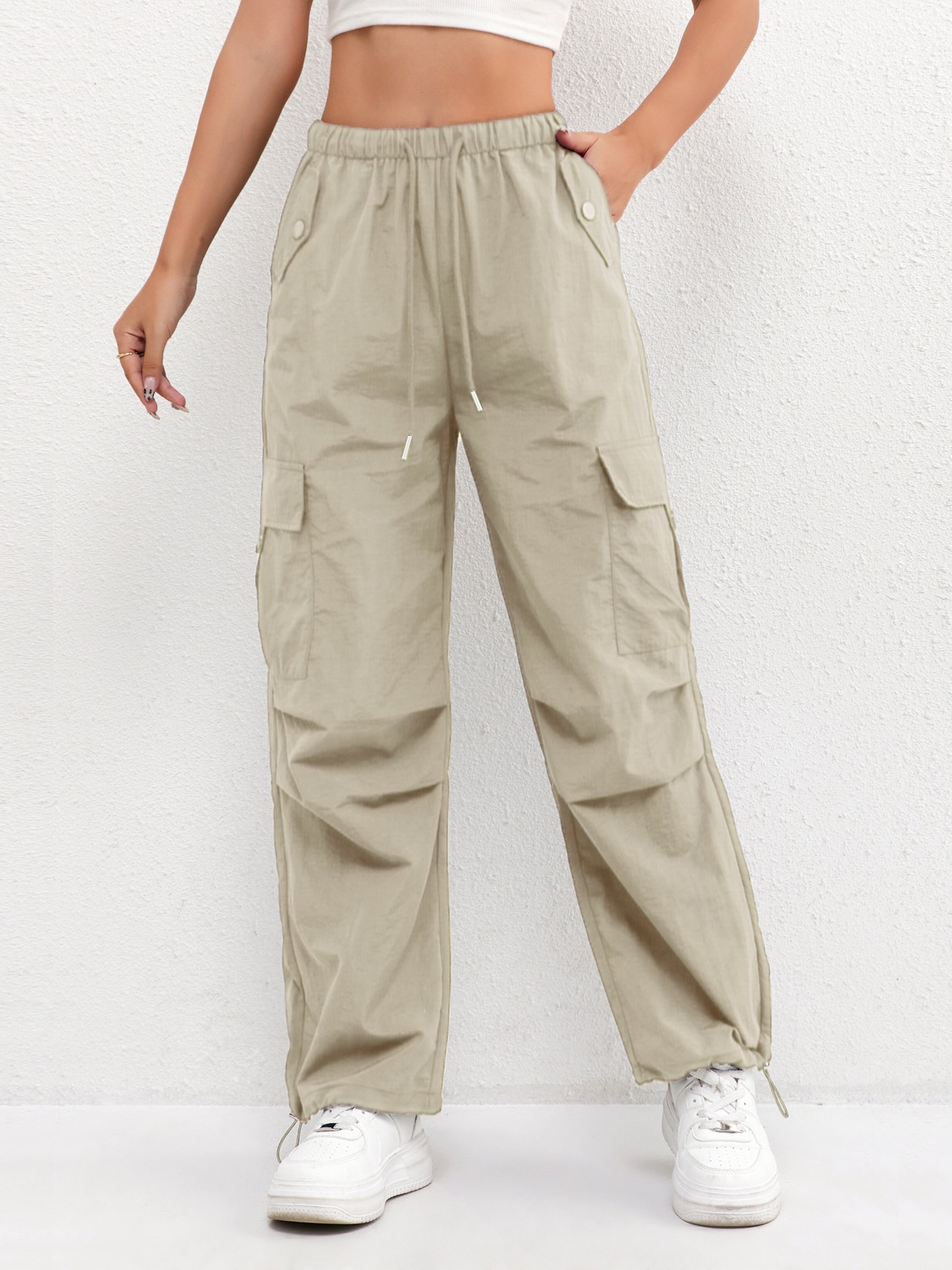 Elasticated Waist Drawstring Flap Pocket Parachute Cargo Pant
