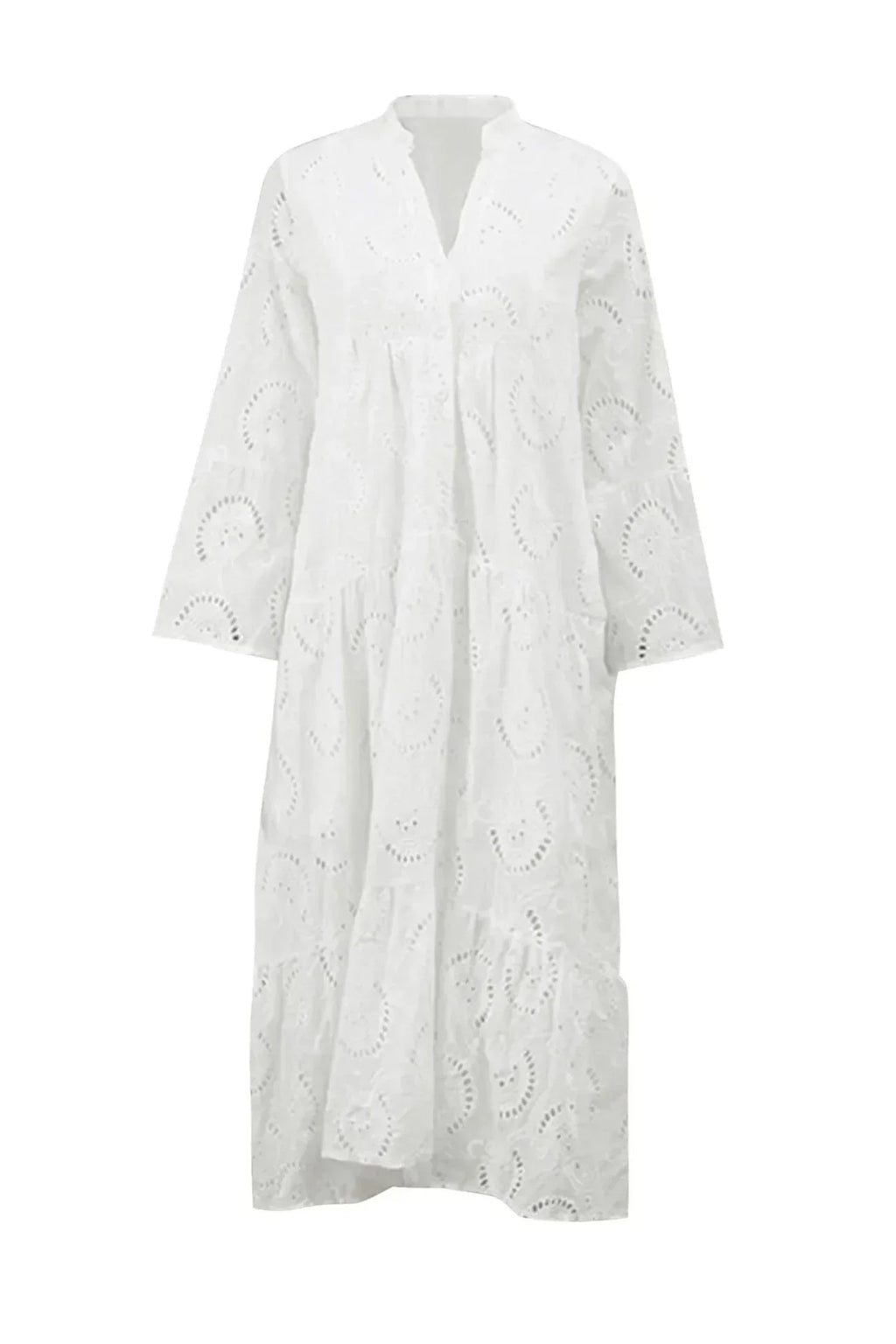 Eyelet Embroidered V Neck Button Front Tiered Flowy Maxi Dress