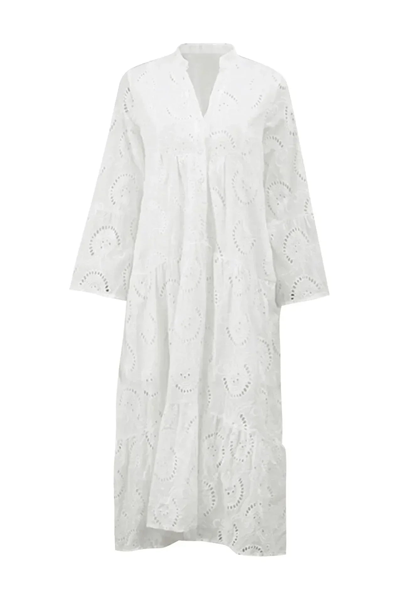 Eyelet Embroidered V Neck Button Front Tiered Flowy Maxi Dress