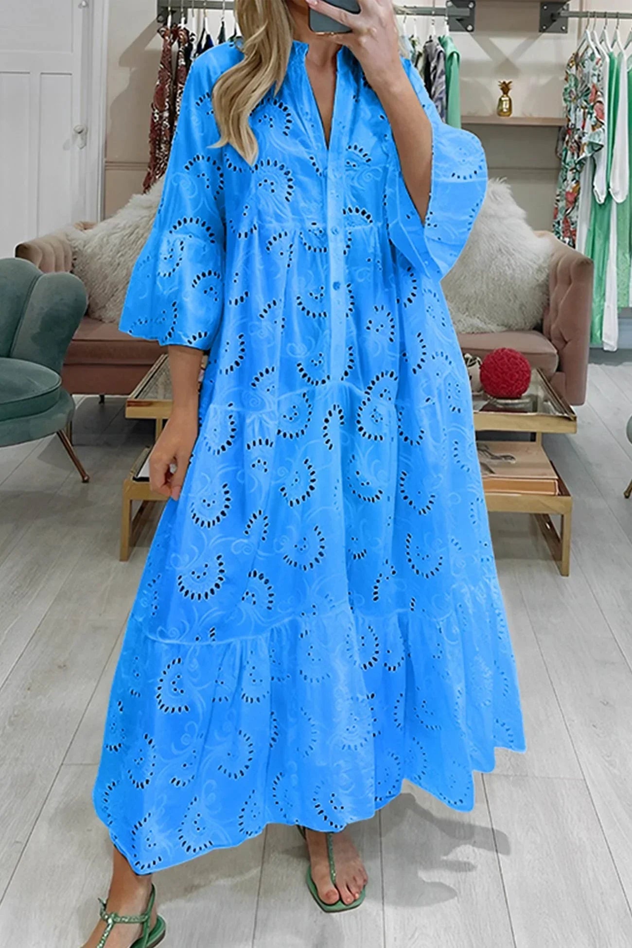 Eyelet Embroidered V Neck Button Front Tiered Flowy Maxi Dress