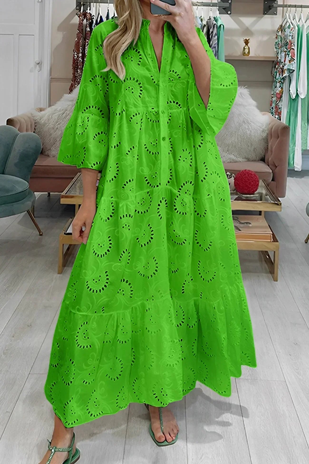 Eyelet Embroidered V Neck Button Front Tiered Flowy Maxi Dress