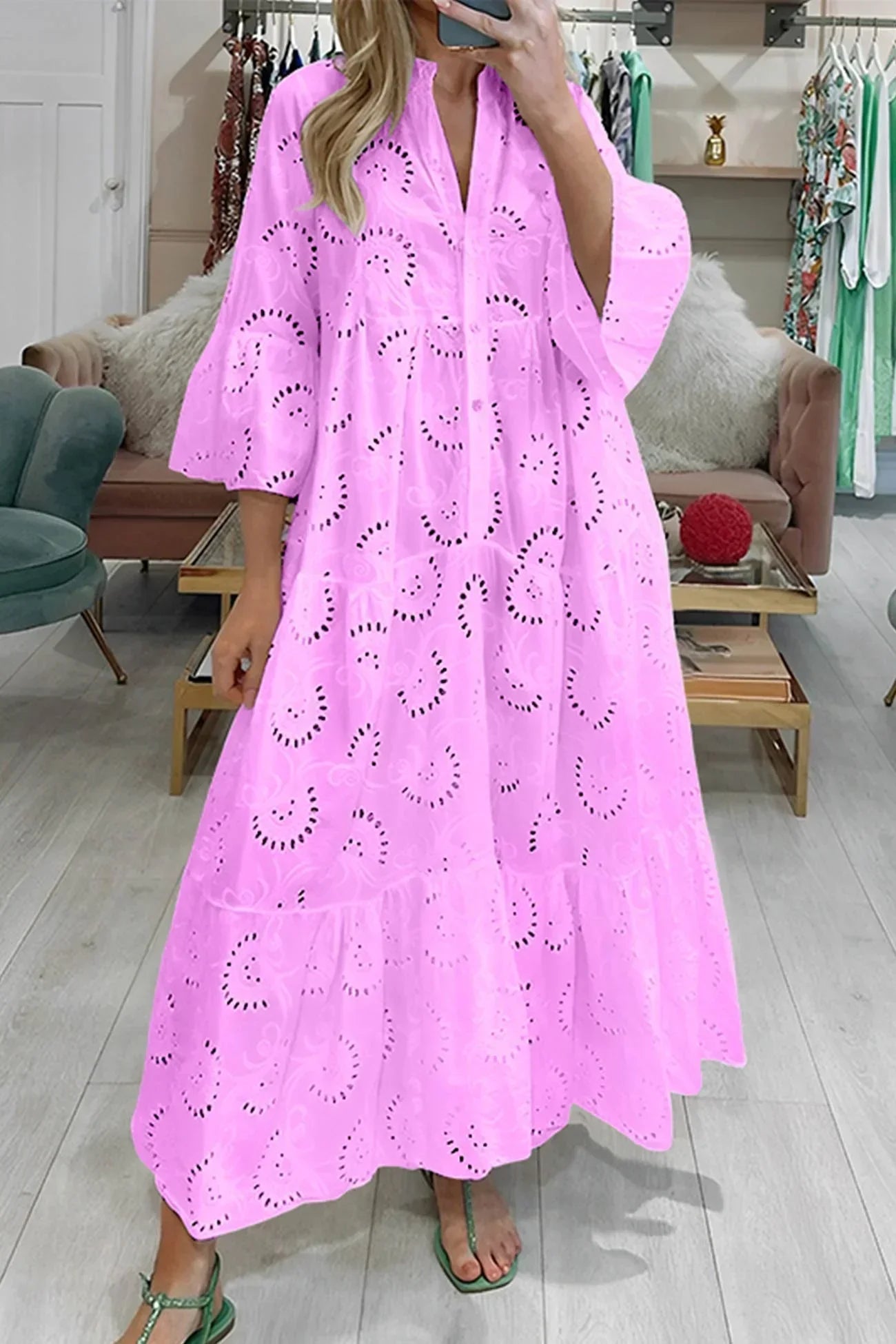 Eyelet Embroidered V Neck Button Front Tiered Flowy Maxi Dress