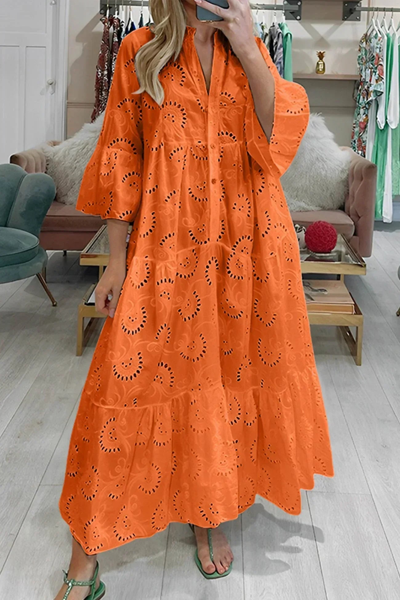 Eyelet Embroidered V Neck Button Front Tiered Flowy Maxi Dress
