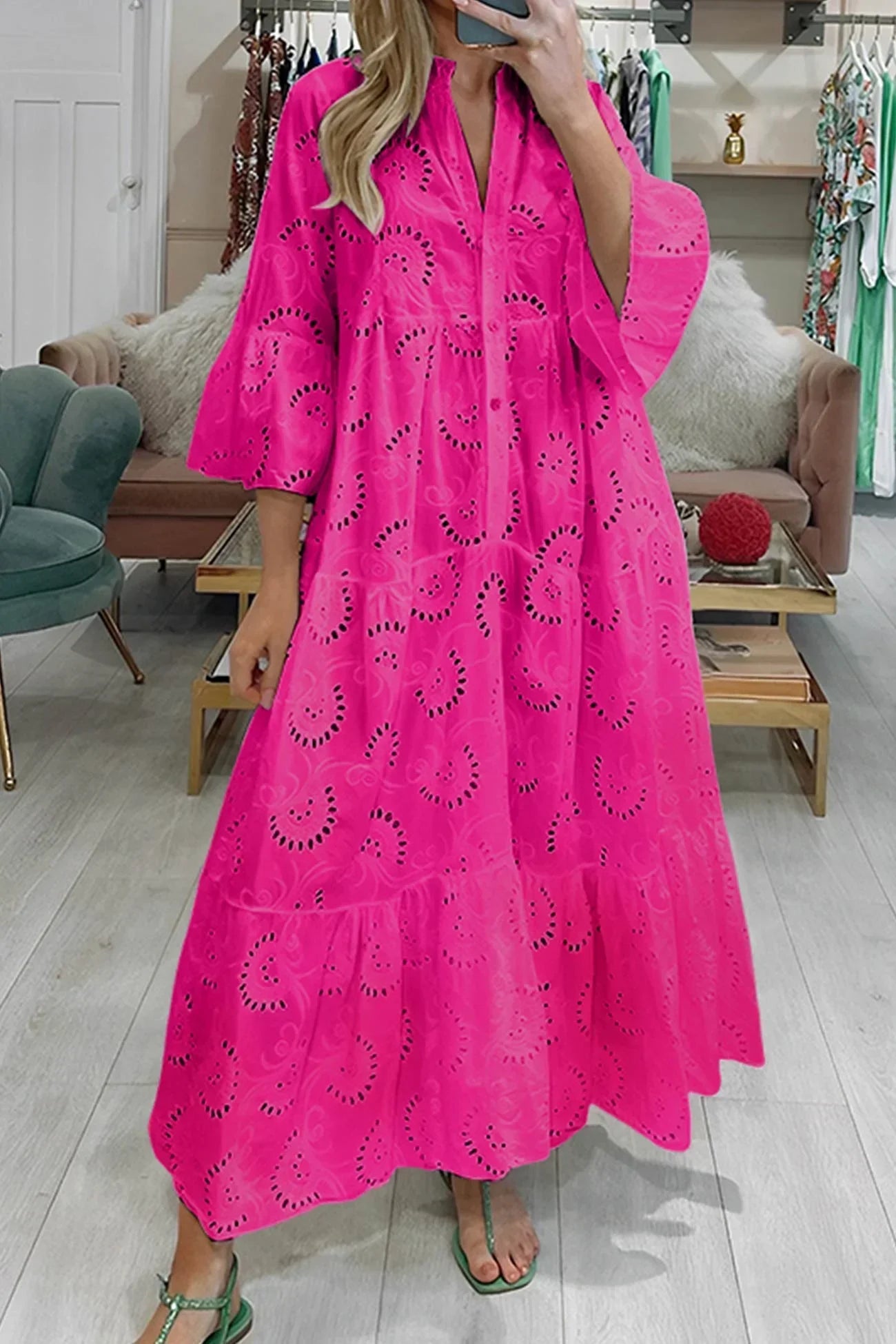 Eyelet Embroidered V Neck Button Front Tiered Flowy Maxi Dress