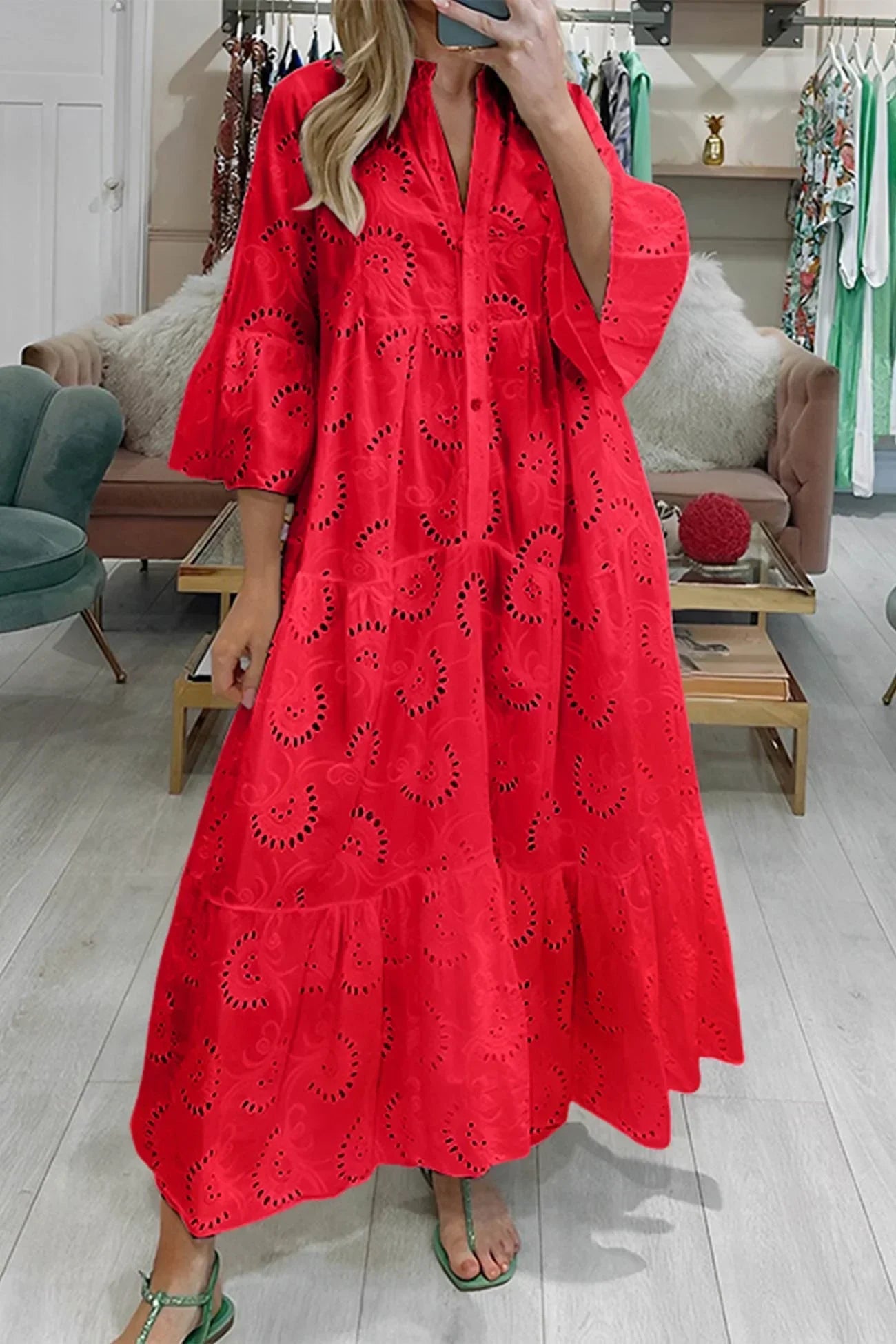 Eyelet Embroidered V Neck Button Front Tiered Flowy Maxi Dress