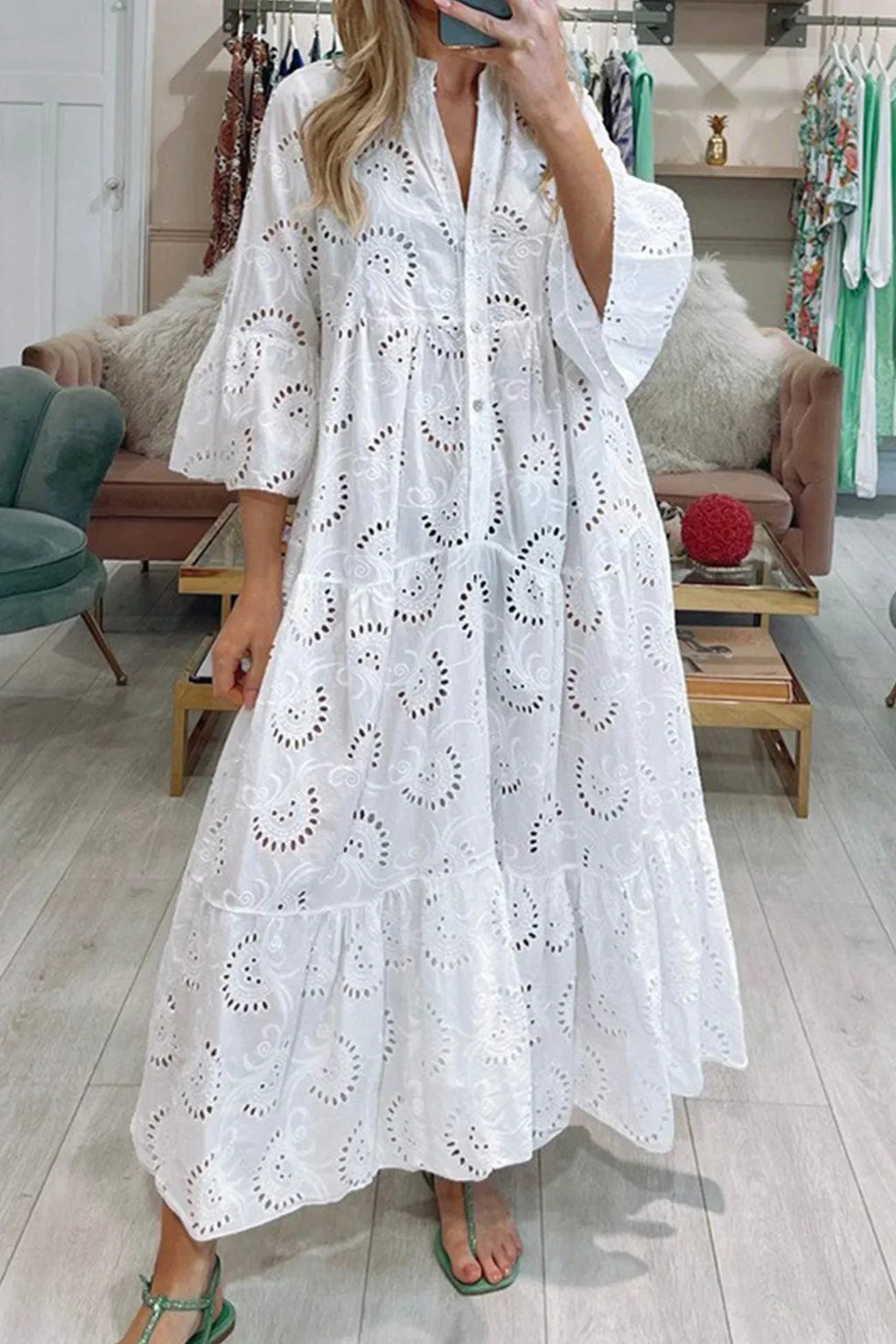 Eyelet Embroidered V Neck Button Front Tiered Flowy Maxi Dress
