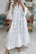 Eyelet Embroidered V Neck Button Front Tiered Flowy Maxi Dress