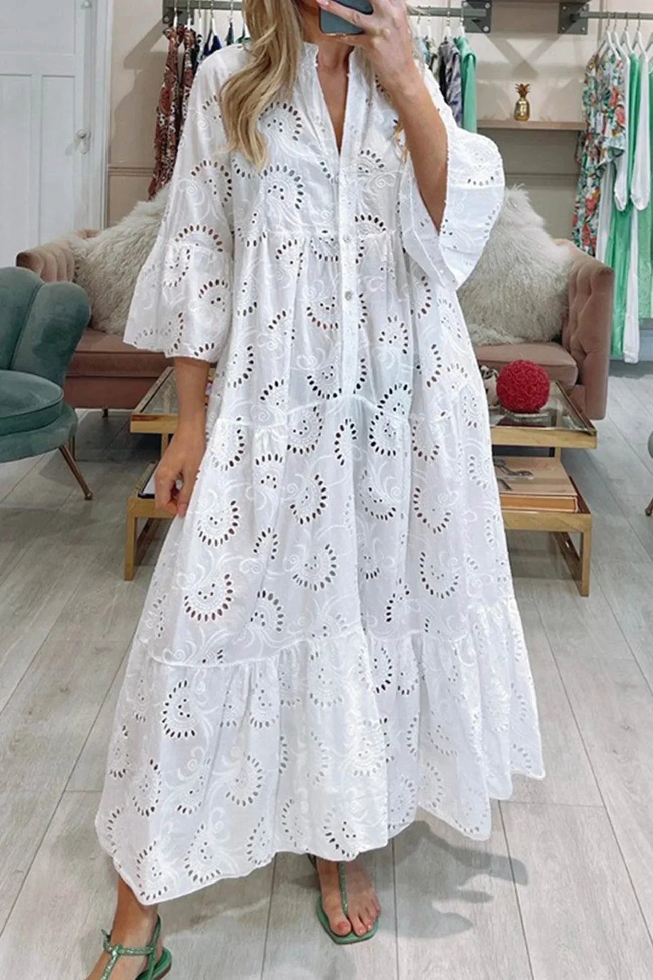 Eyelet Embroidered V Neck Button Front Tiered Flowy Maxi Dress