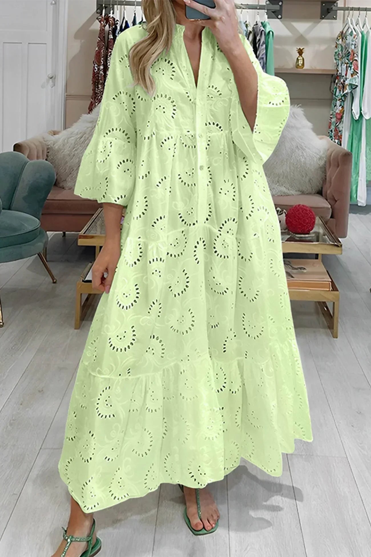 Eyelet Embroidered V Neck Button Front Tiered Flowy Maxi Dress
