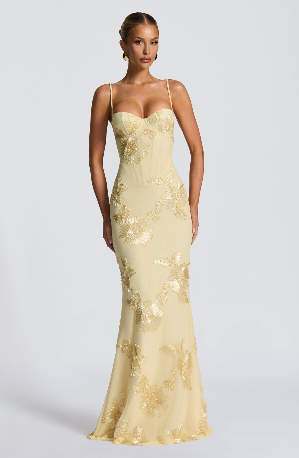Floral Appliqué Corset Bodice Mermaid Maxi Dress - Evening Gown
