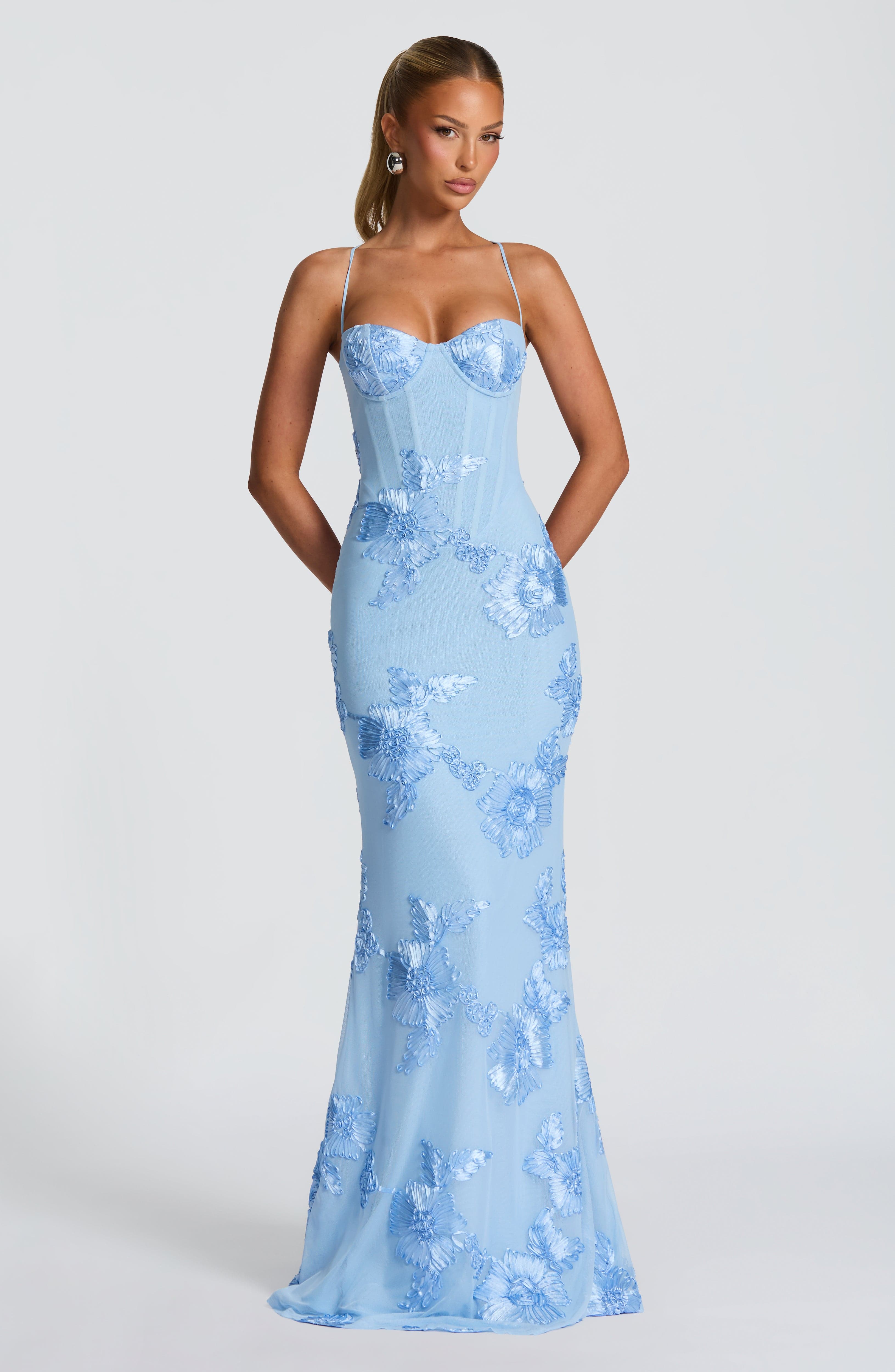 Floral Appliqué Corset Bodice Mermaid Maxi Dress - Evening Gown
