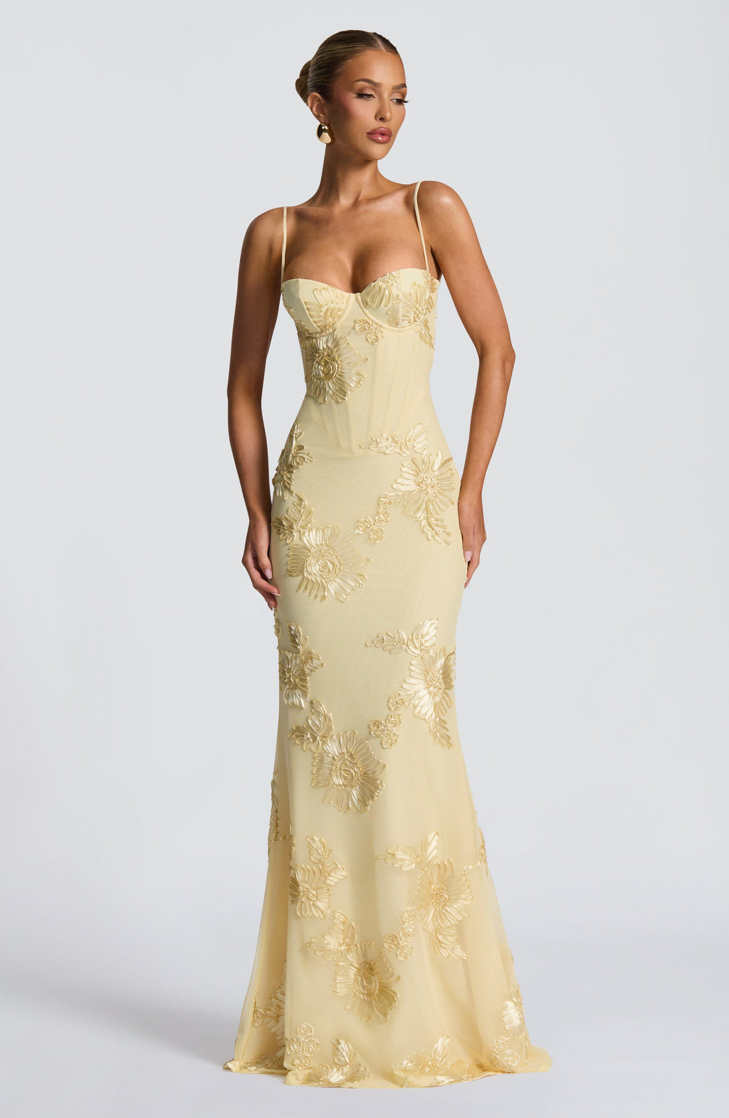 Floral Appliqué Corset Bodice Mermaid Maxi Dress - Evening Gown