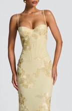 Floral Appliqué Corset Bodice Mermaid Maxi Dress - Evening Gown