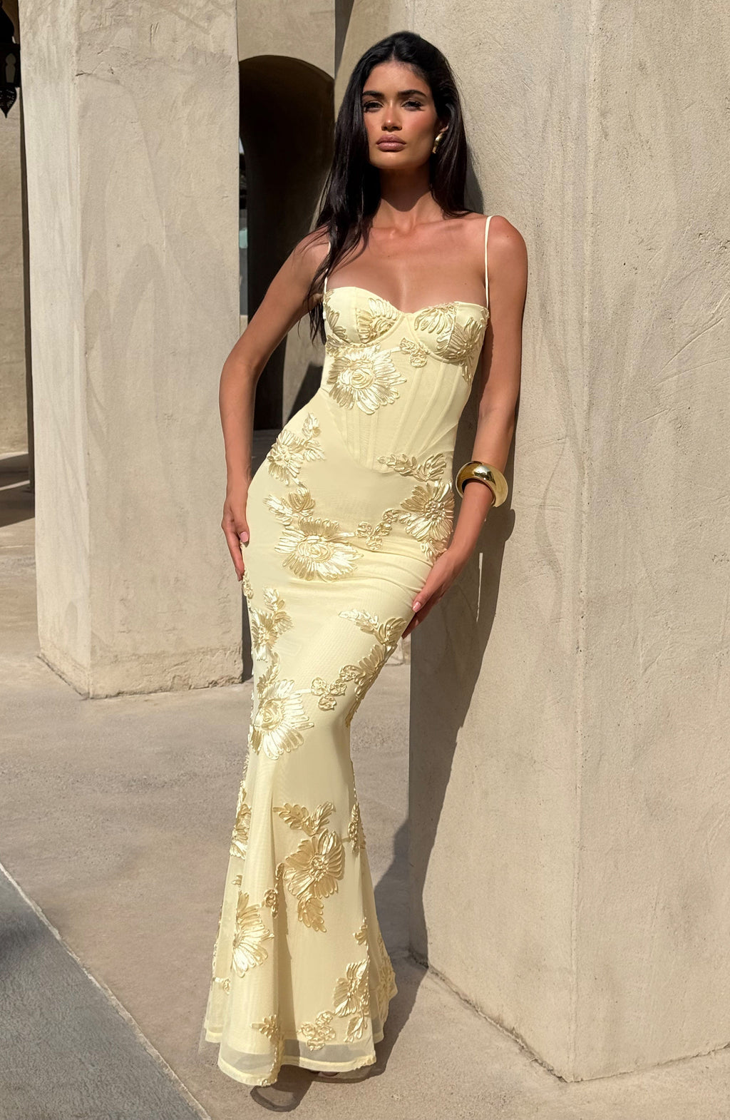 Floral Appliqué Corset Bodice Mermaid Maxi Dress - Evening Gown