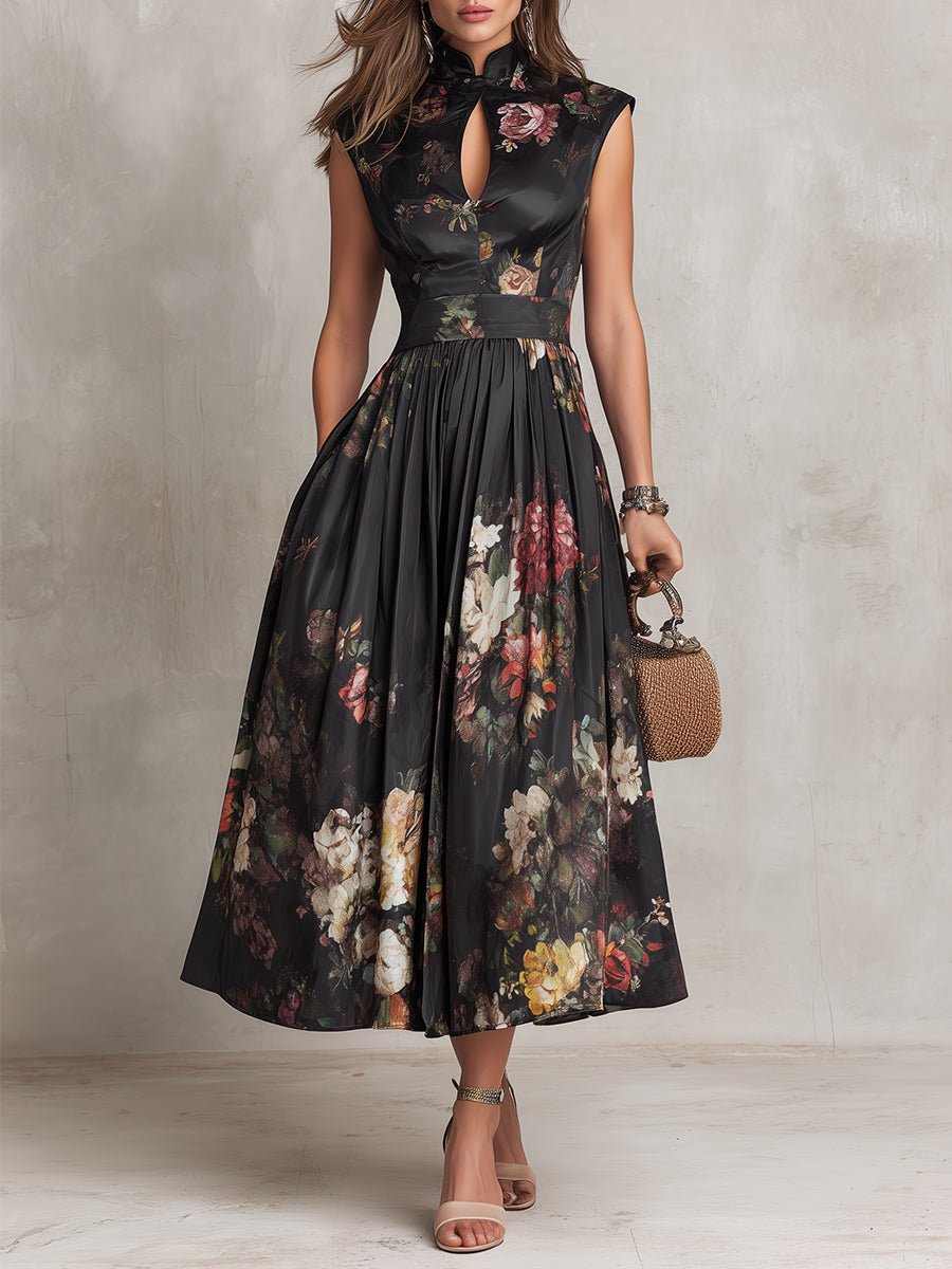 Floral Satin Keyhole Mandarin Collar Pleated A Line Midi Dress - Wedding Guest