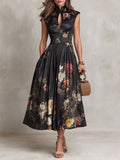 Floral Satin Keyhole Mandarin Collar Pleated A Line Midi Dress - Wedding Guest