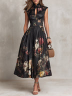 Floral Satin Keyhole Mandarin Collar Pleated A Line Midi Dress - Wedding Guest
