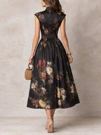 Floral Satin Keyhole Mandarin Collar Pleated A Line Midi Dress - Wedding Guest