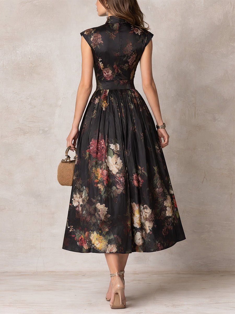 Floral Satin Keyhole Mandarin Collar Pleated A Line Midi Dress - Wedding Guest