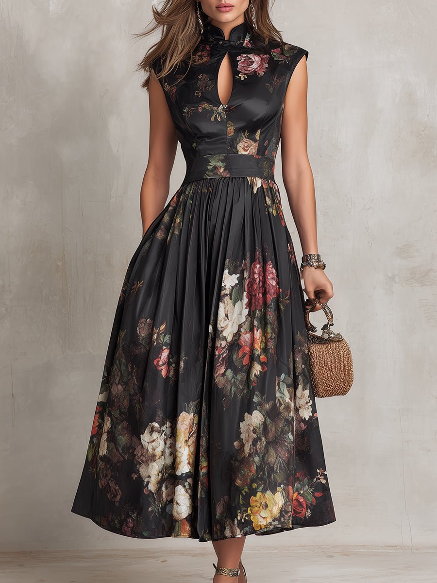 Floral Satin Keyhole Mandarin Collar Pleated A Line Midi Dress - Wedding Guest