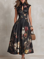 Floral Satin Keyhole Mandarin Collar Pleated A Line Midi Dress - Wedding Guest