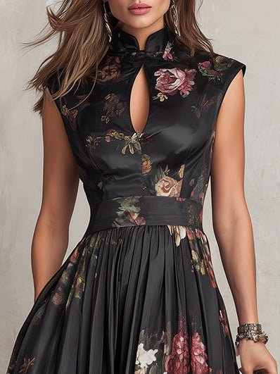 Floral Satin Keyhole Mandarin Collar Pleated A Line Midi Dress - Wedding Guest