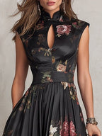 Floral Satin Keyhole Mandarin Collar Pleated A Line Midi Dress - Wedding Guest