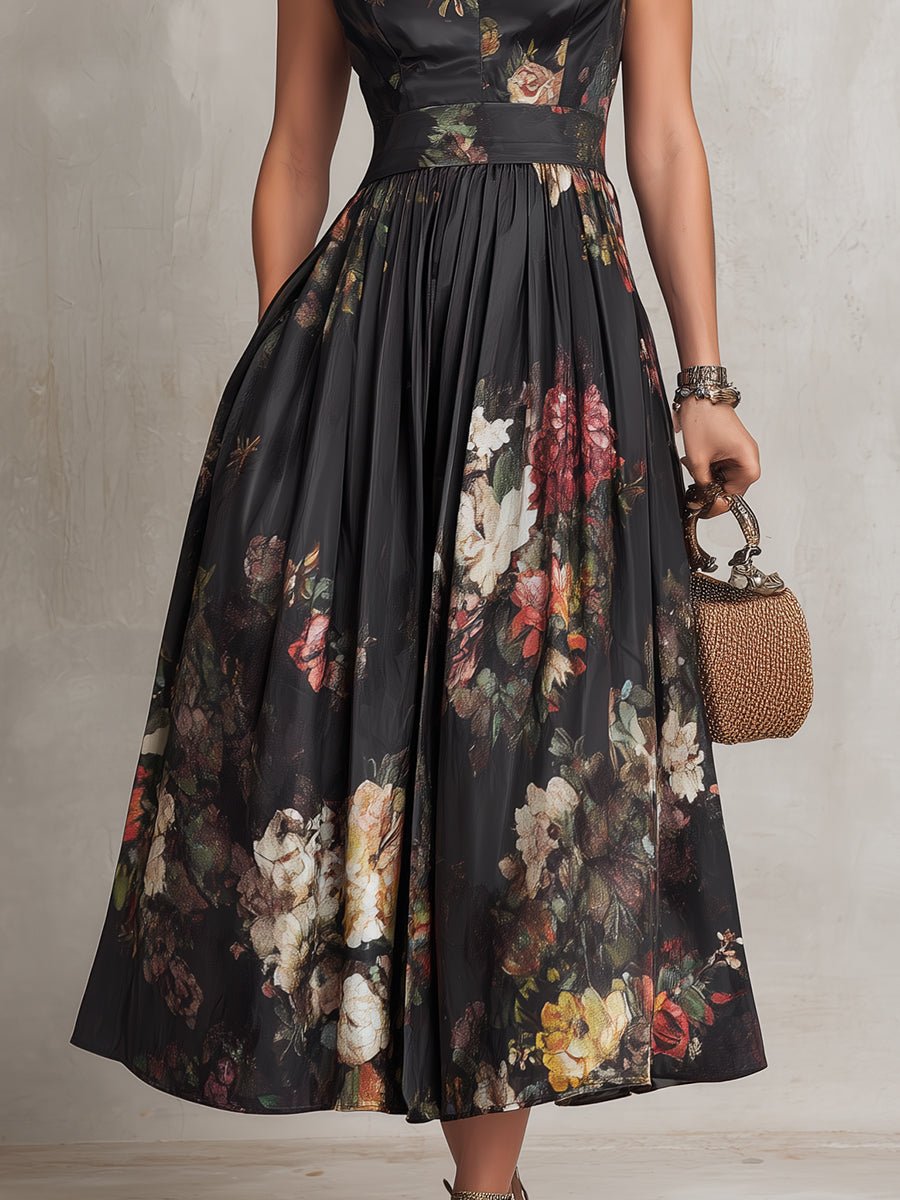 Floral Satin Keyhole Mandarin Collar Pleated A Line Midi Dress - Wedding Guest