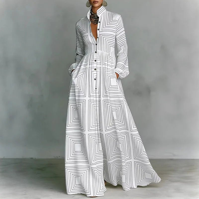 Baroque Scroll Print Stand Collar Long Sleeve Button Front Maxi Dress - Formal Evening Gown