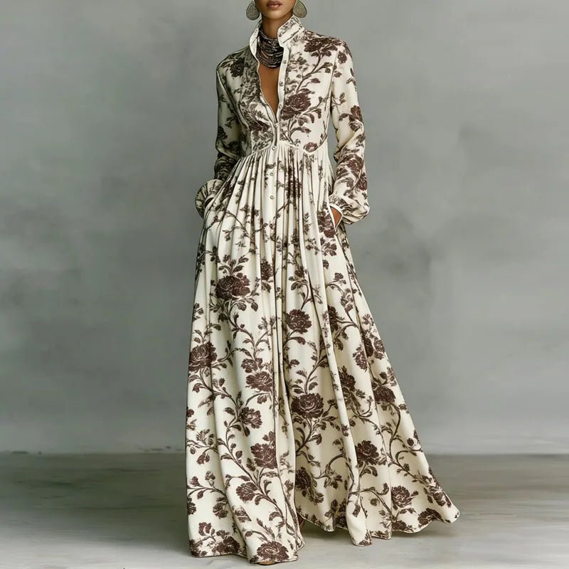 Baroque Scroll Print Stand Collar Long Sleeve Button Front Maxi Dress - Formal Evening Gown