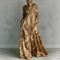 Baroque Scroll Print Stand Collar Long Sleeve Button Front Maxi Dress - Formal Evening Gown