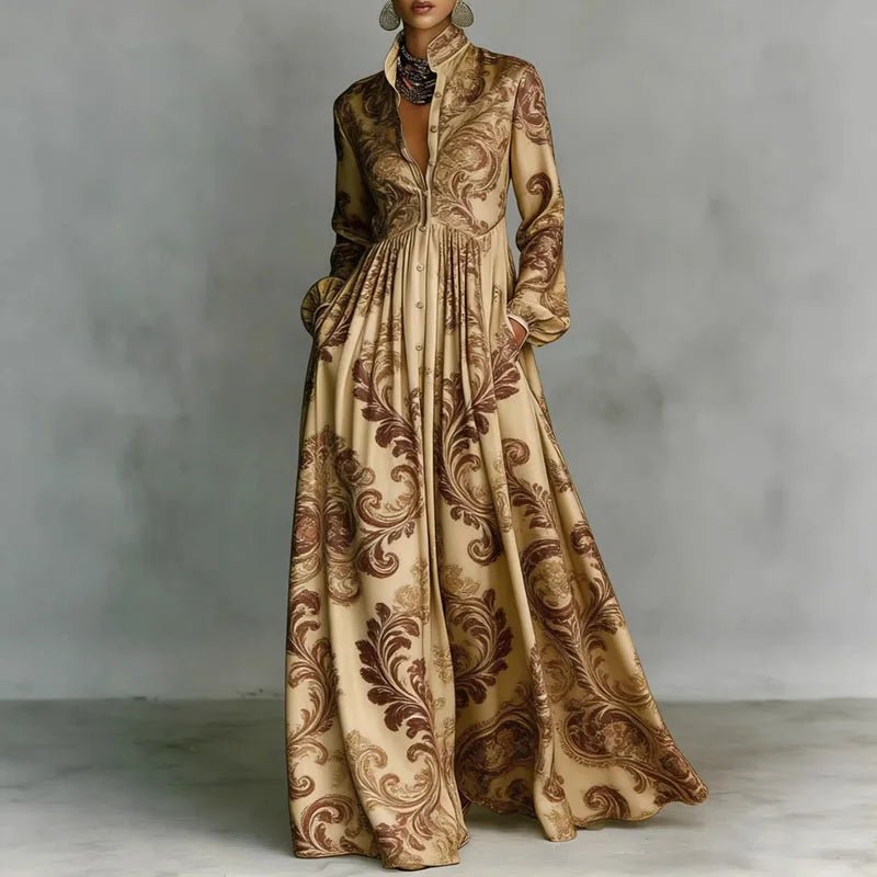 Baroque Scroll Print Stand Collar Long Sleeve Button Front Maxi Dress - Formal Evening Gown