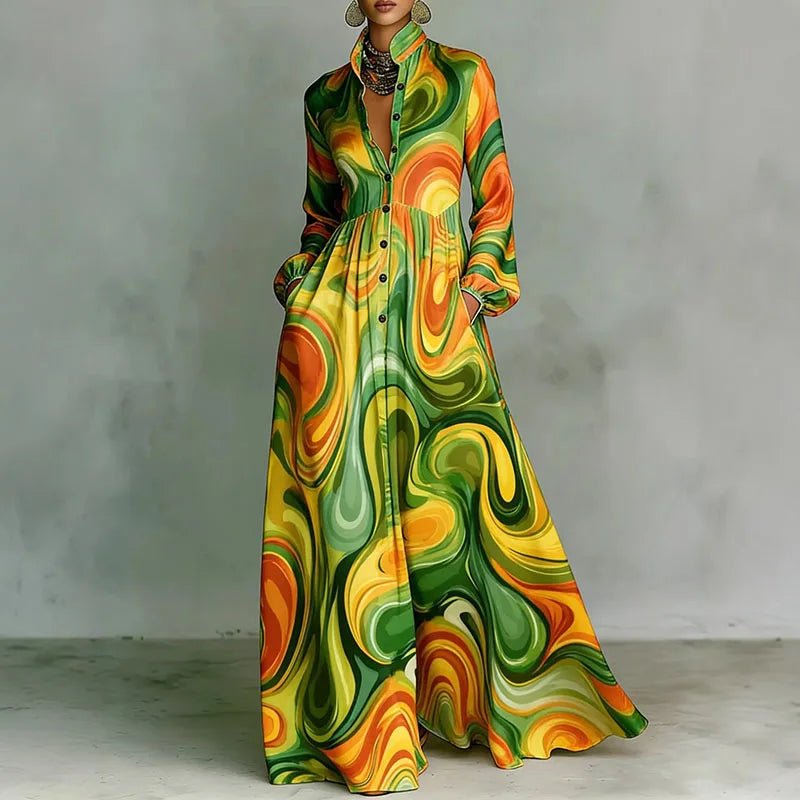 Baroque Scroll Print Stand Collar Long Sleeve Button Front Maxi Dress - Formal Evening Gown