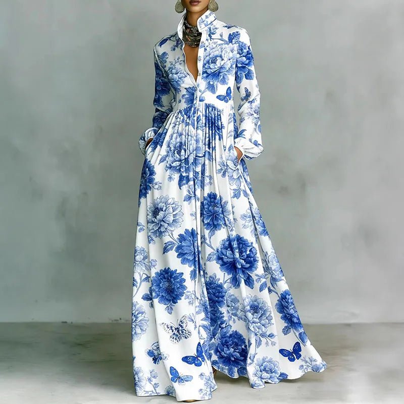 Baroque Scroll Print Stand Collar Long Sleeve Button Front Maxi Dress - Formal Evening Gown