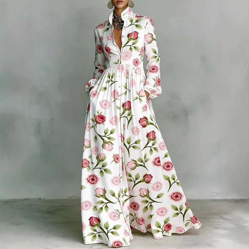 Baroque Scroll Print Stand Collar Long Sleeve Button Front Maxi Dress - Formal Evening Gown
