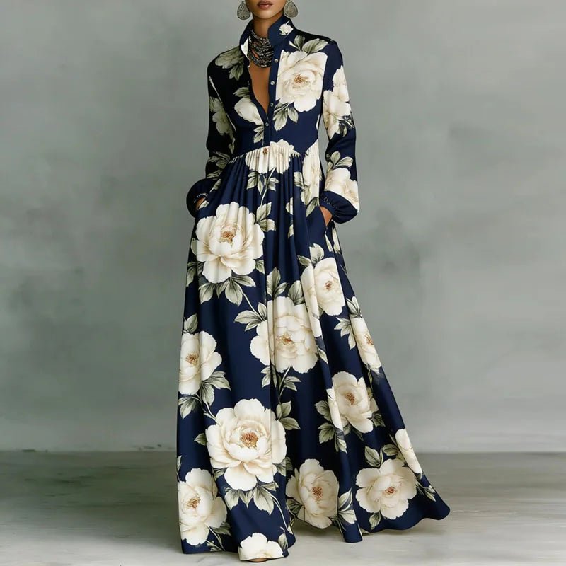 Baroque Scroll Print Stand Collar Long Sleeve Button Front Maxi Dress - Formal Evening Gown