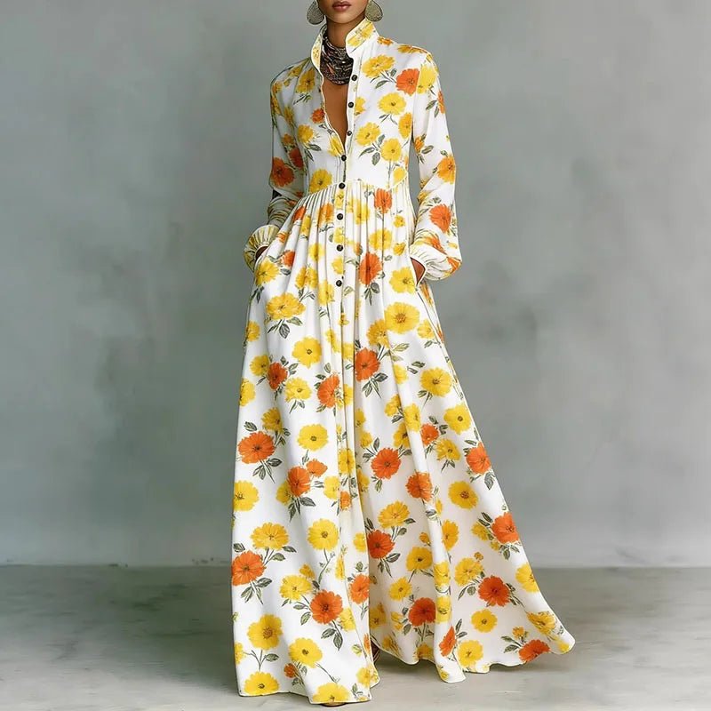 Baroque Scroll Print Stand Collar Long Sleeve Button Front Maxi Dress - Formal Evening Gown