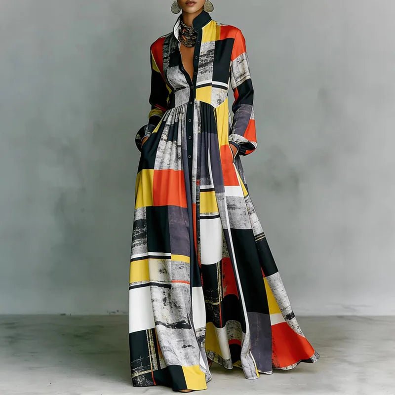 Baroque Scroll Print Stand Collar Long Sleeve Button Front Maxi Dress - Formal Evening Gown