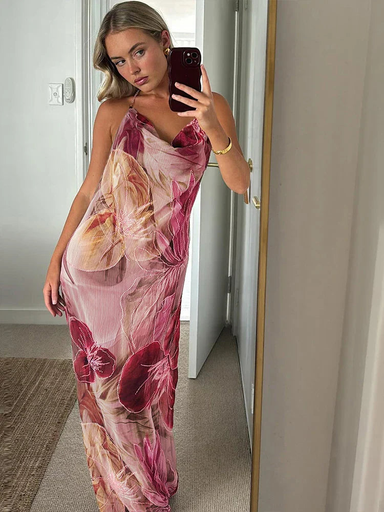 Floral Cowl Neck Slip Maxi Dress - Wedding Guest