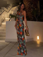 Abstract Scale Print Halter Neck Backless Bodycon Maxi Dress - Formal Evening Gown