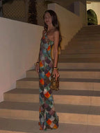 Abstract Scale Print Halter Neck Backless Bodycon Maxi Dress - Formal Evening Gown