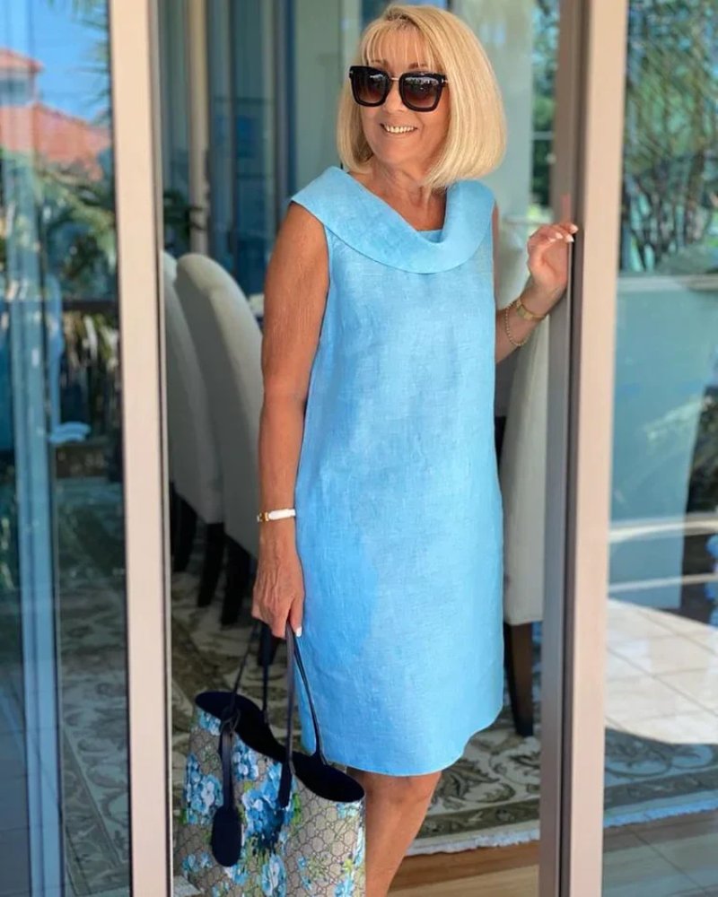 Linen Cowl Neck Sleeveless Pocket Shift Casual Midi Dress