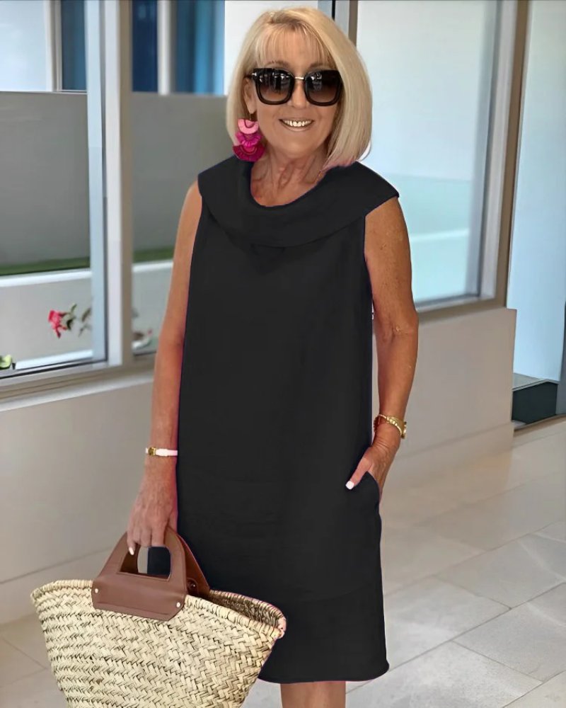 Linen Cowl Neck Sleeveless Pocket Shift Casual Midi Dress