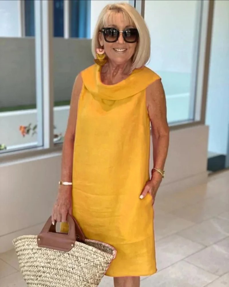 Linen Cowl Neck Sleeveless Pocket Shift Casual Midi Dress