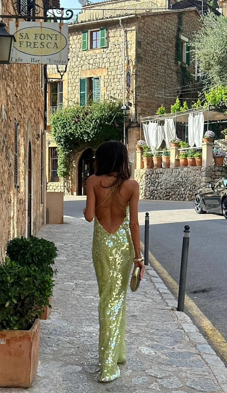 Sequin Scoop Neck Spaghetti Strap Bodycon Maxi Dress - Formal Evening Gown