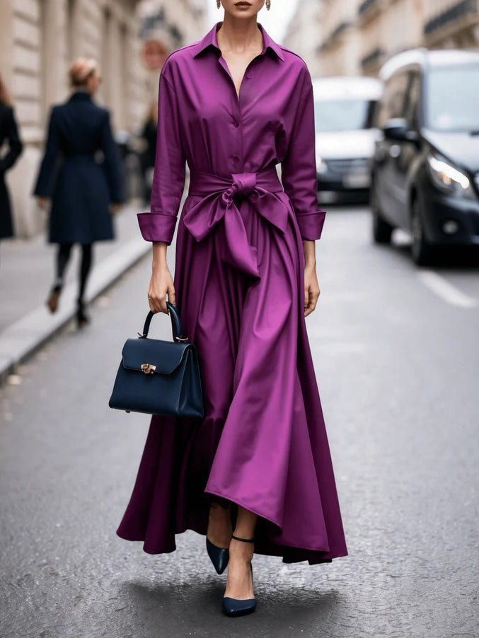 Collared Long Sleeve Bow Tie Waist Shirt Flared Maxi Dress - Formal Evening Gown