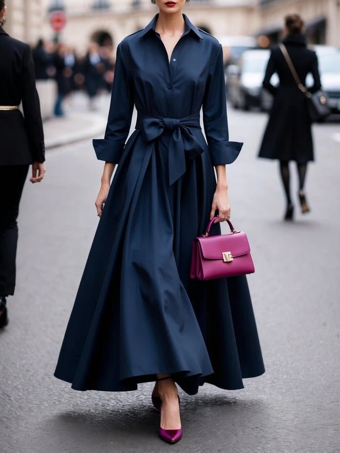 Collared Long Sleeve Bow Tie Waist Shirt Flared Maxi Dress - Formal Evening Gown
